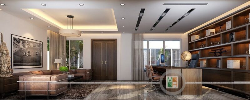 Sofa bọc da màu nâu cao cấp làm cho văn phòng làm việc của giám đốc trở nên nổi bật hơn.