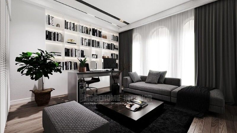 Không gian làm việc tại nhà này được thiết kế và bố trí một cách hợp lý và khoa học, bao gồm hệ tủ sách gỗ âm tường, bàn làm việc, bộ bàn ghế sofa vải hiện đại cùng hệ thống ánh sáng chuẩn. Nó cung cấp cho bạn một không gian làm việc chuyên nghiệp, yên tĩnh và dễ tập trung.