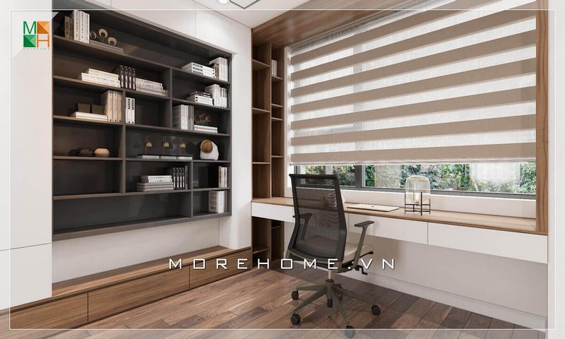 Kệ giá sách treo tường gỗ hiện đại của KTS được treo gọn gàng một bên tường, thể hiện sự thiết kế khoa học của hãng.